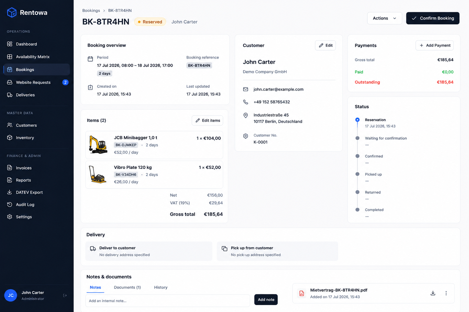 Rentowa booking detail