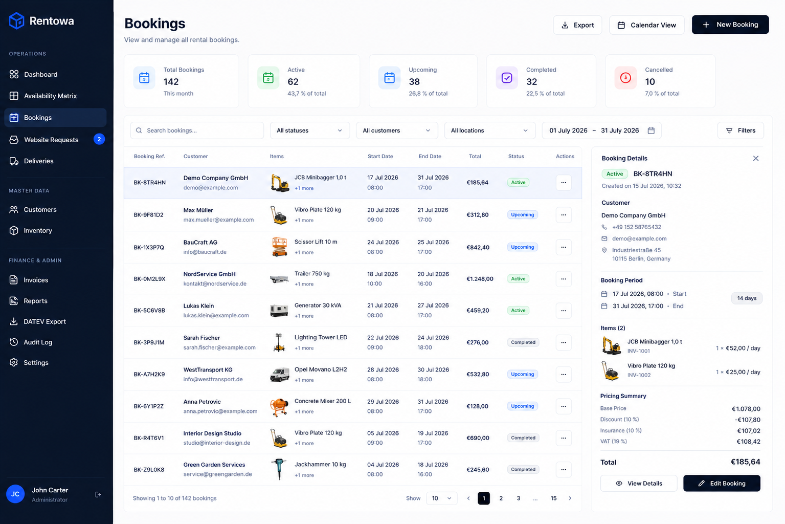 Rental bookings management table